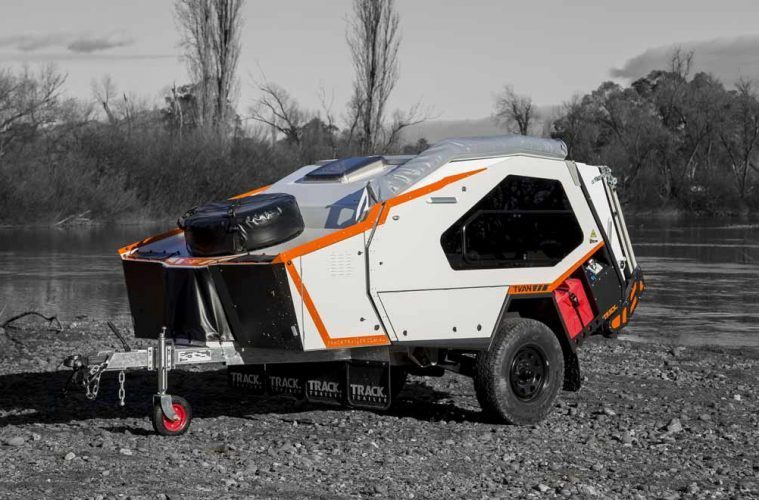 Best teardrop campers - the TVAN MK5 in colour in a black and white scenescape, looking like something from a Star Wars movie