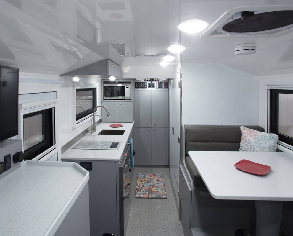 Interior shot of camper, facing the kitchen.