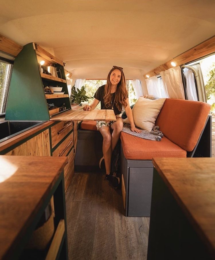 Retro orange, green and wooden small van with L seat.