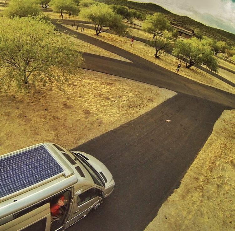 Birds eye view of van with solar panels.