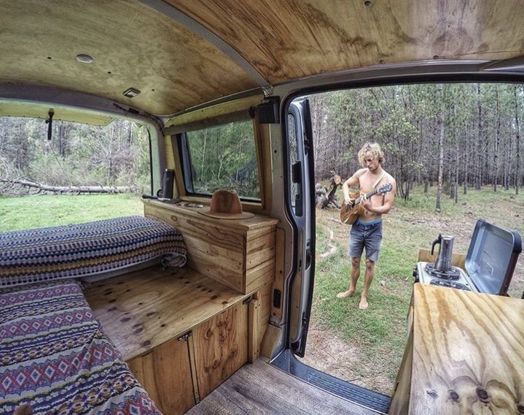 Wooden small van interior with L seat.
