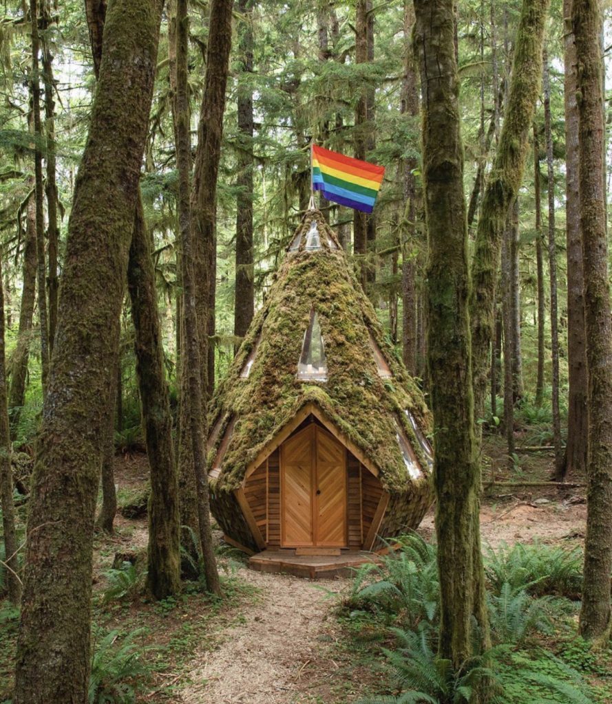 Moss covered cabin in the woods flying pride flag.