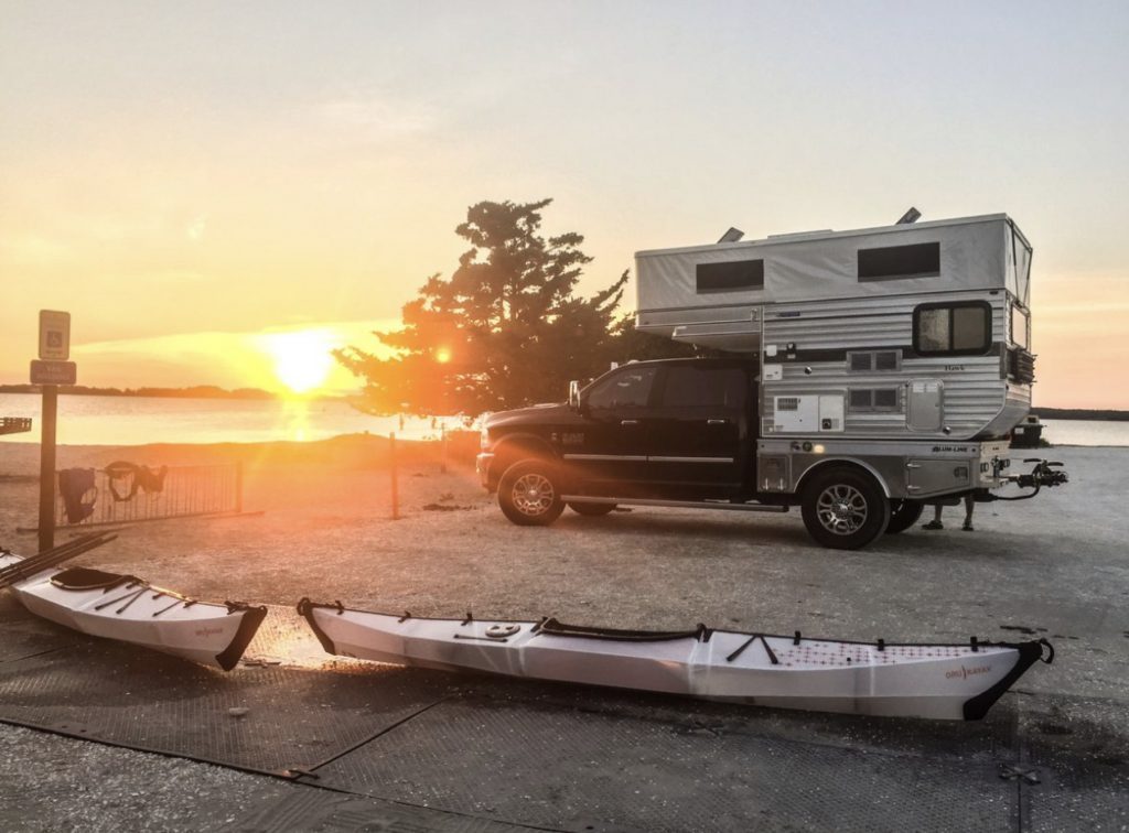 Four wheel camper and kayaks. Living in a four wheel camper.
