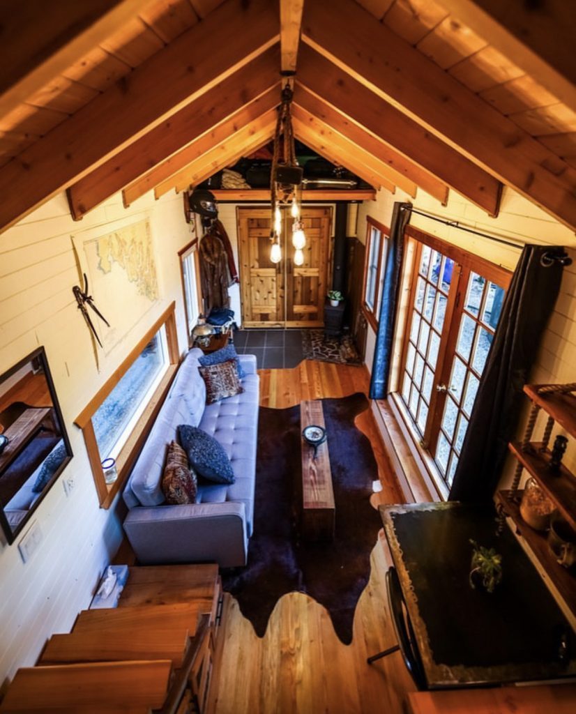 Wooden interior of tiny home.