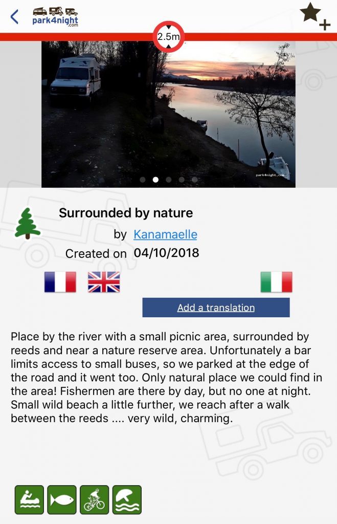 A sample page with information on a park up spot on Park4Night