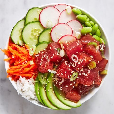 poke bowl with tuna and veg on top
