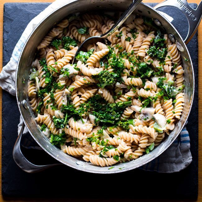 broccoli and mushroom pasta in pan