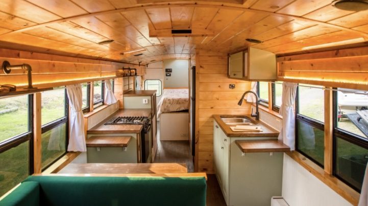 Wooden school bus converison interior.