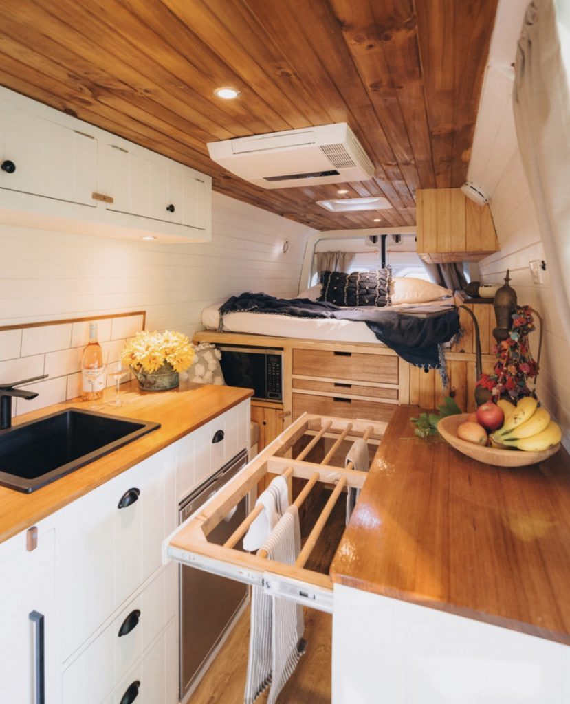 Interior of campervan with pull out drying rack.