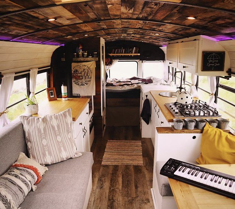 School bus conversions interior wooden.