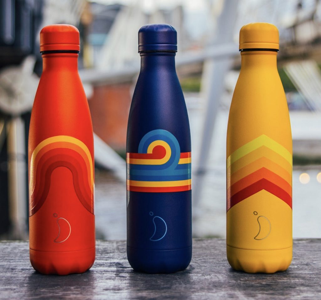 Three bright retro patterened Chilly flasks