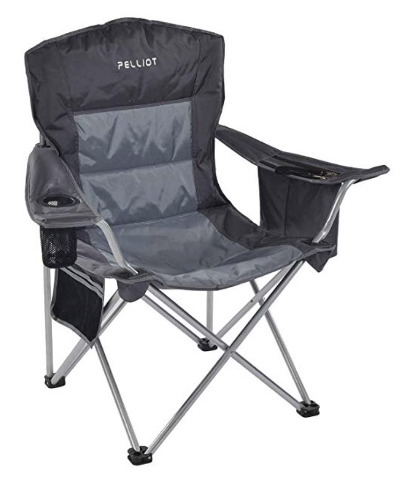 Grey camping chair with cup holder.