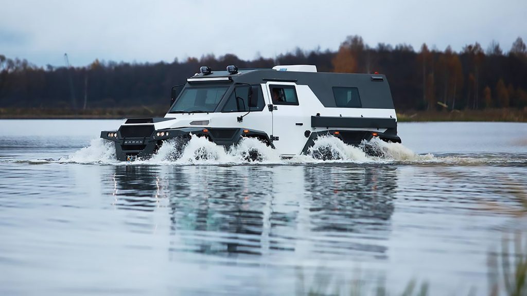 White Avtoros Shaman driving through water