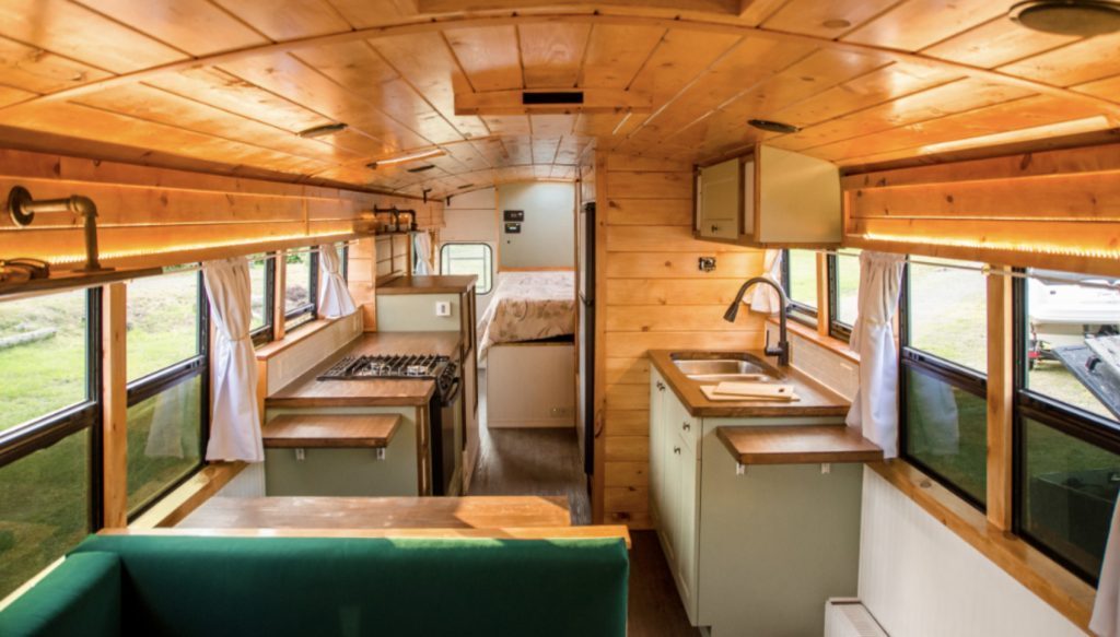 Interior of Paved to Pines school bus conversion
