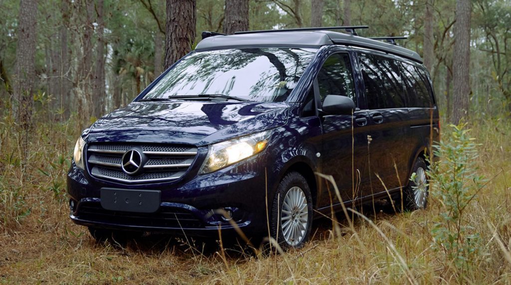 Mercedes Metris weekender- exterior with pop top down.