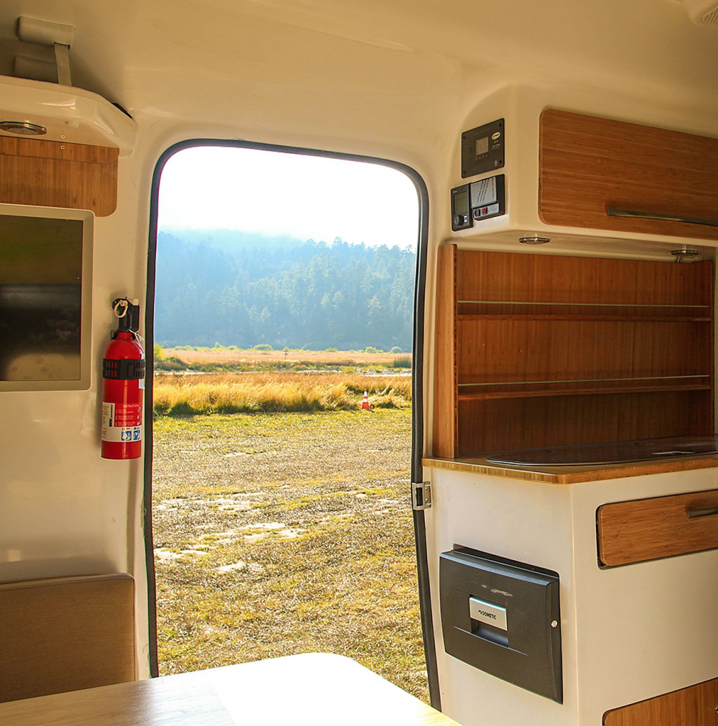 Happier Camper Traveller - looking out of the galley door at the scenery
