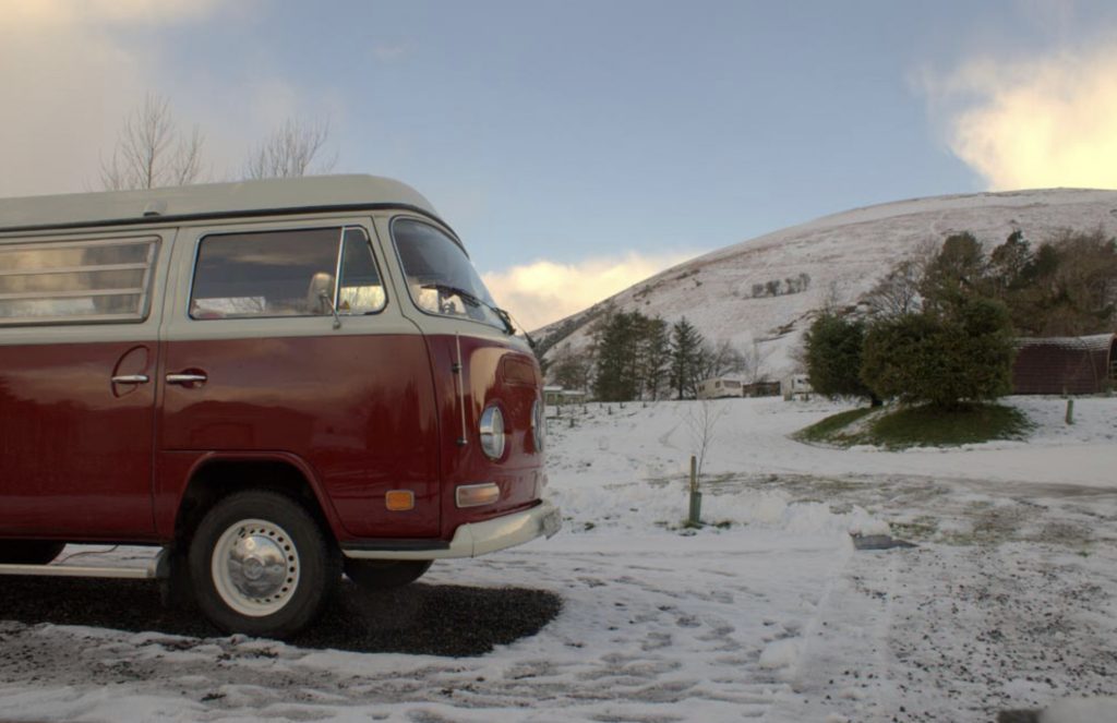Best Campervan Campsites UK - VW in snow at campground
