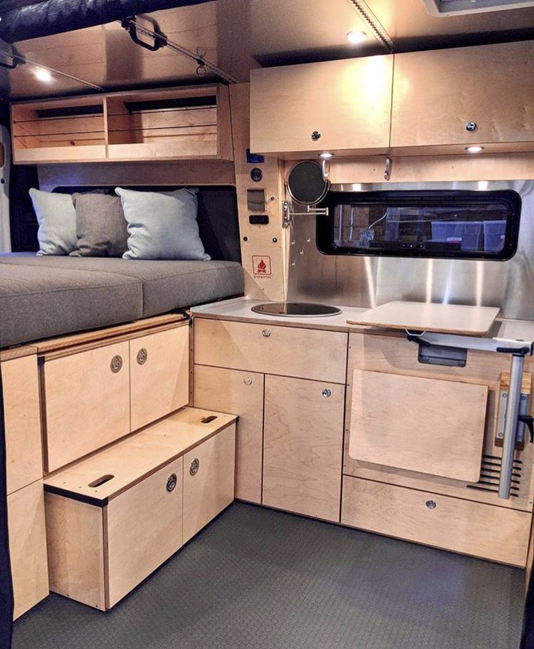 Plywood cabinetry inside van