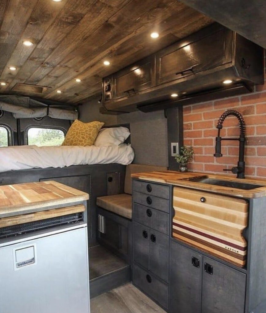 campervan interior with brick effect wall