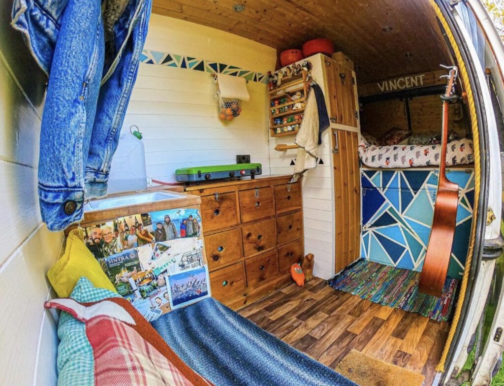 campervan interior with bright drawers