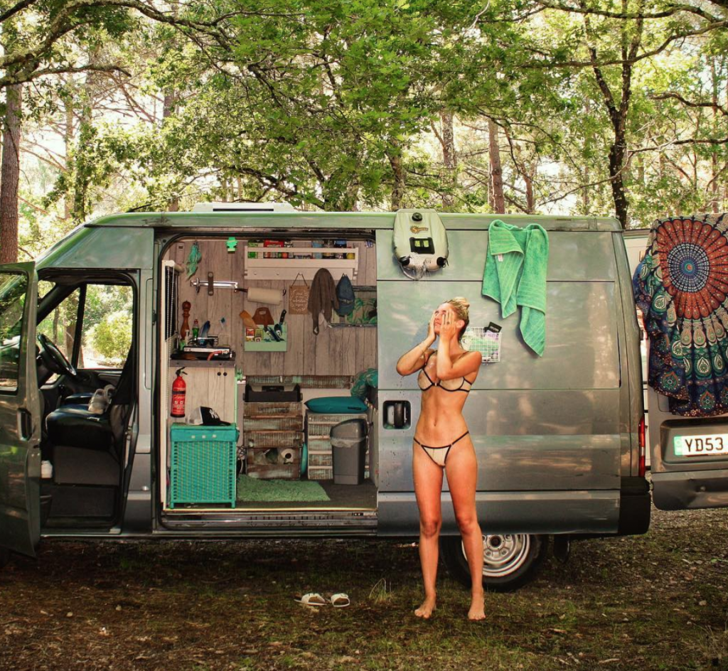 Living in a Transit Camper - showering outside