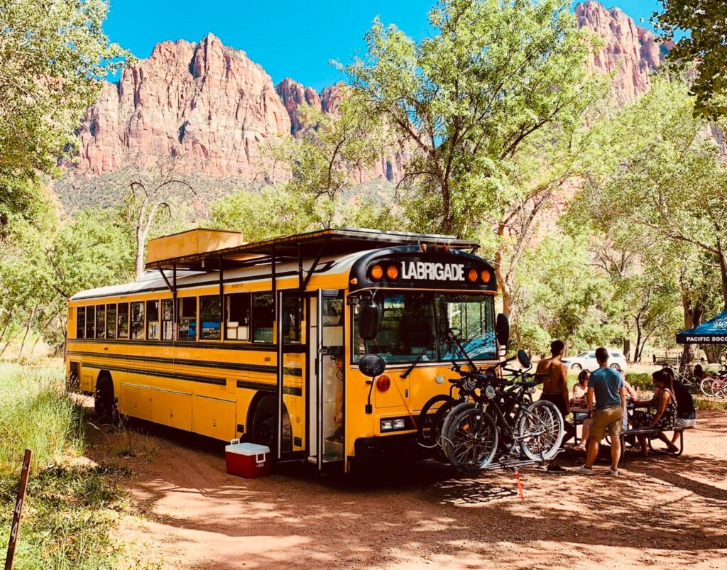 Exterior of school bus with deck and bikes on the front