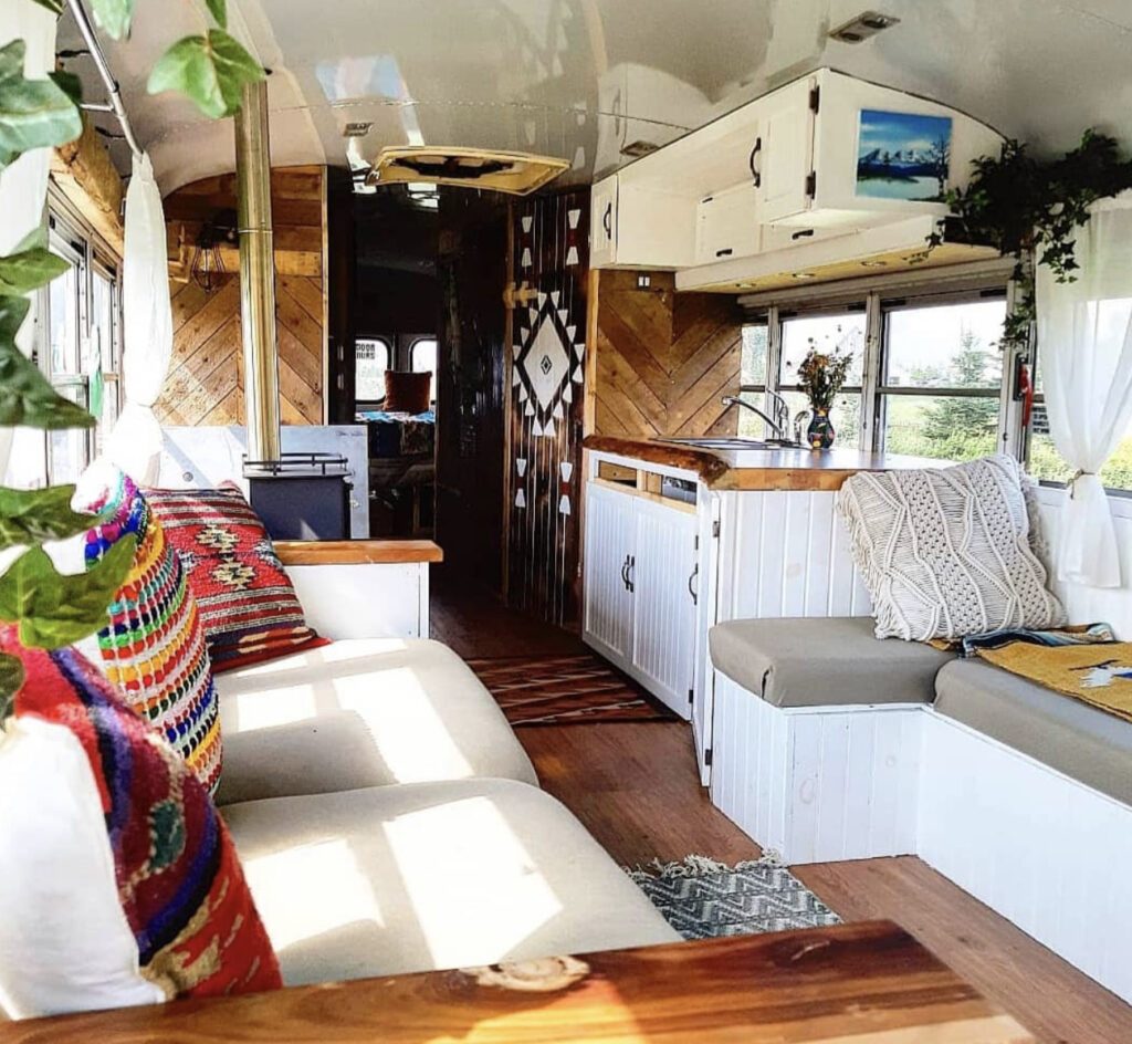 Interior of a skoolie home
