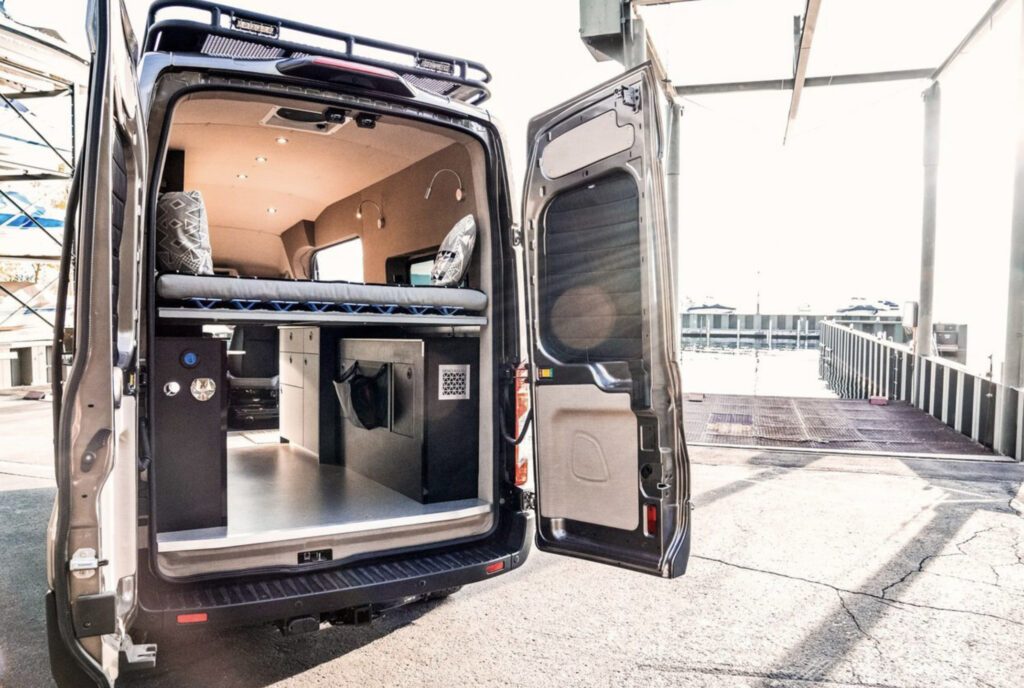 Back shot of ford conversion with doors open