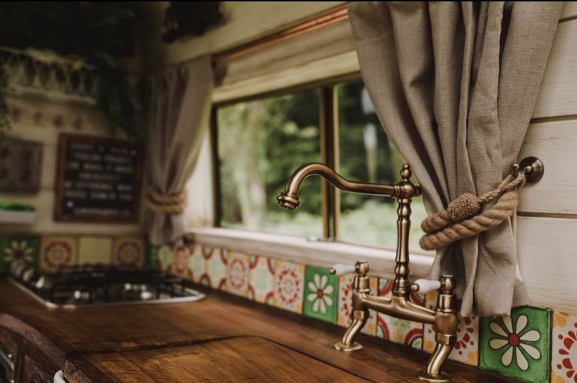 Countertop and ornate tap - Handcrafted Rustic Campervan